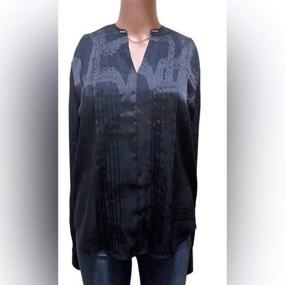 CAlVIN KLEIN JACQUARD BLACK BLOUSE PLEATED V-NECK WOMEN ASYMMETRICAL PRINT SMALL - Picture 9 of 10